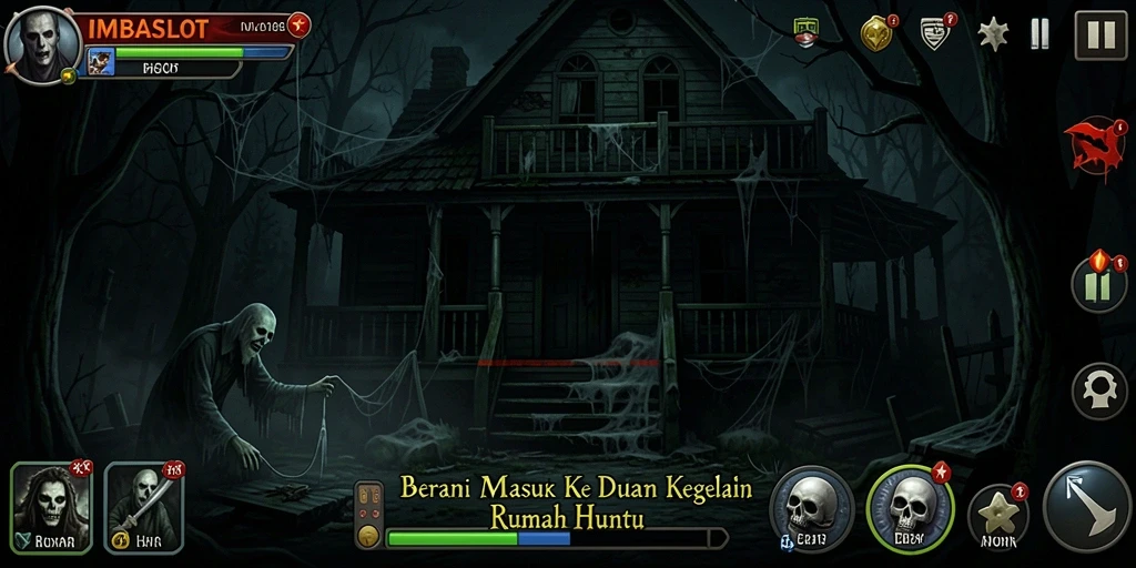 Antarmuka menyeramkan dari IMBASLOT yang menunjukkan suasana horor rumah.